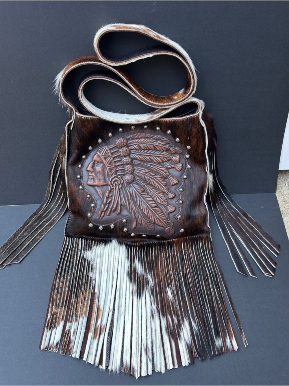 Raviani Studded Native American Fringe Crossbody Bag In Hair-On Cowhide EUC